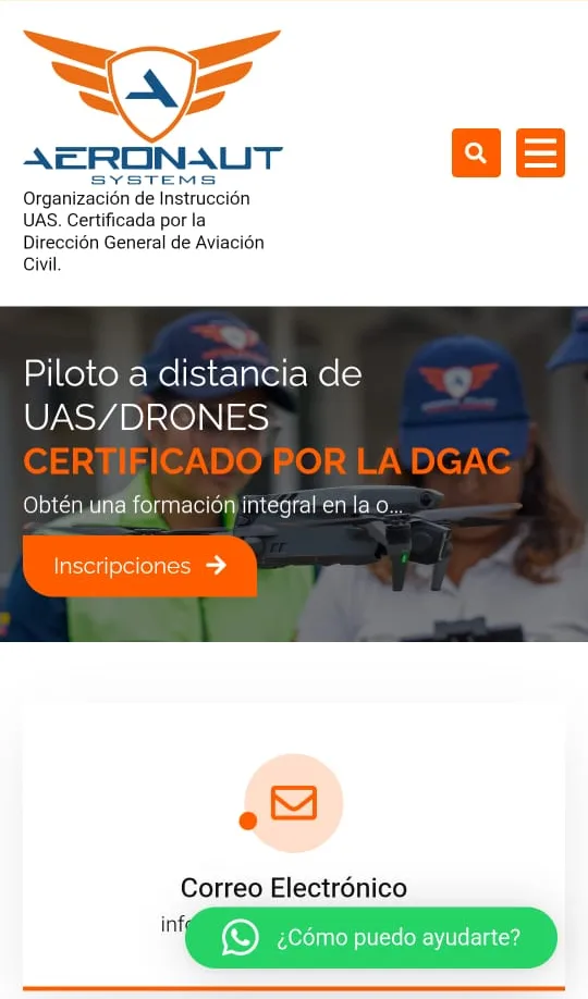 Web de Aeronaut Systems en móvil: formación de piloto a distancia de UAS/drones certificada por la DGAC