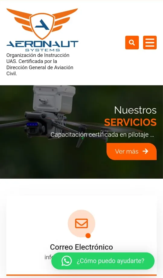 Sección de servicios de la web de Aeronaut Systems en móvil