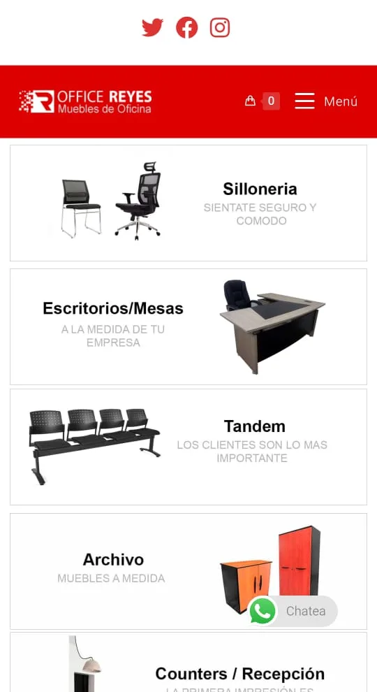 Web de Office Reyes en móvil: catálogo de sillonería, escritorios y mobiliario de oficina