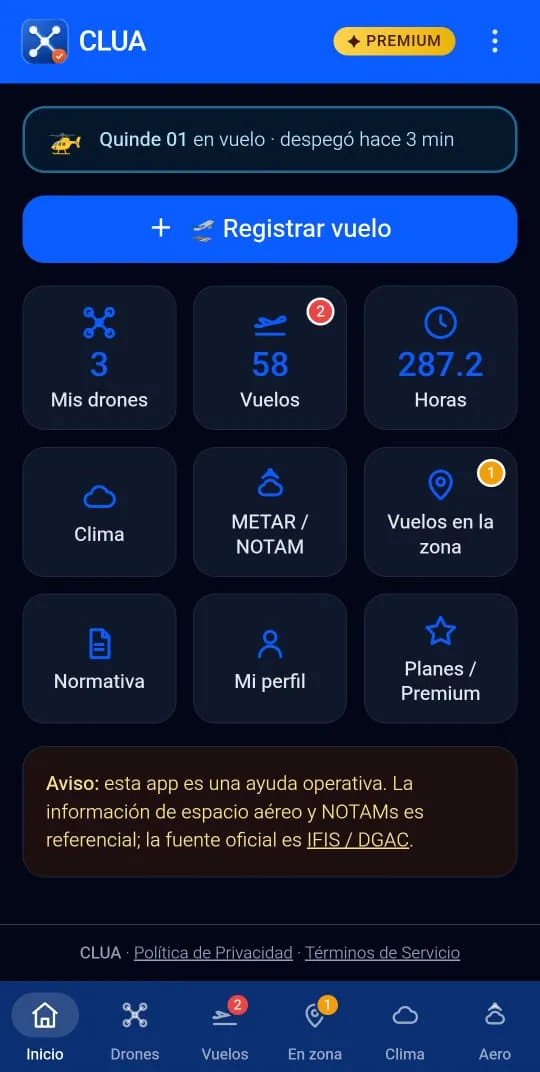 Pantalla de inicio de CLUA en modo oscuro