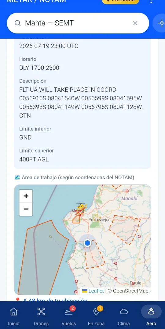 Consulta METAR/NOTAM en CLUA con el área de trabajo trazada en el mapa según coordenadas