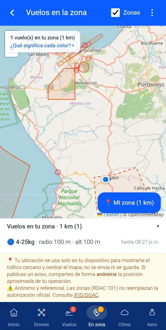 Mapa de vuelos en la zona de CLUA con zonas RDAC 101 y tráfico cercano en un radio de 1 km